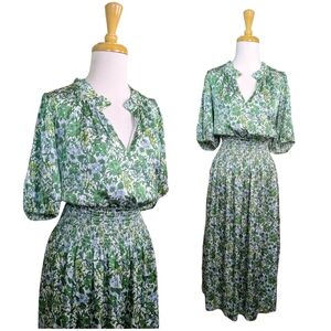 J. Crew Smocked Waist Featherweight Satin Midi Dress Tossed Floral XL Green